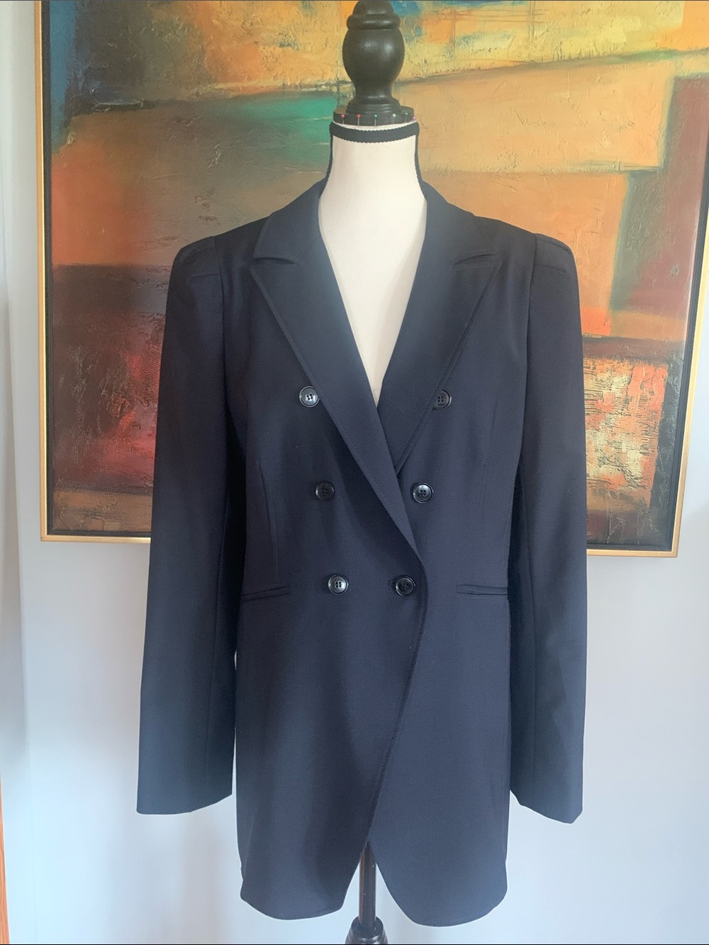 Classic Tristan Navy Blue Double-Breasted Wool Blend Blazer, Sz 14